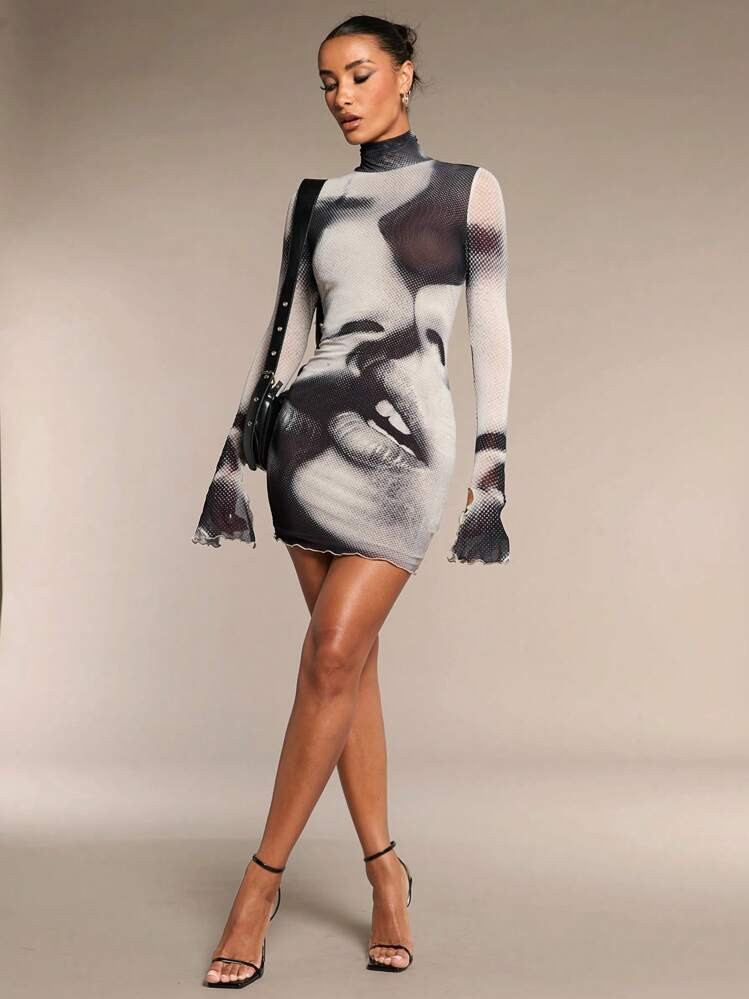SHEIN BAE Women Figure Printed Turtleneck Long Sleeve Dress | SHEIN