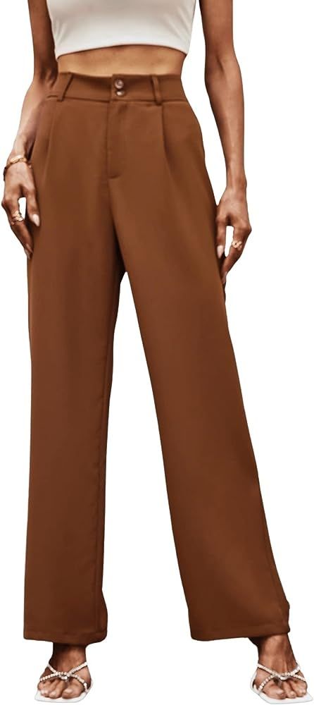 SweatyRocks Women's Casual Wide Leg High Waisted Button Down Straight Long Trousers Pants | Amazon (US)
