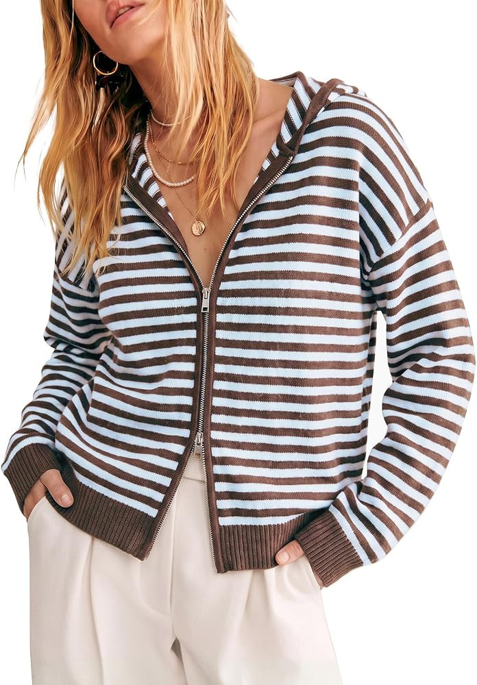 Cicy Bell Womens Striped Hooded Cardigan Zip Up Knit Long Sleeve Sweaters | Amazon (US)