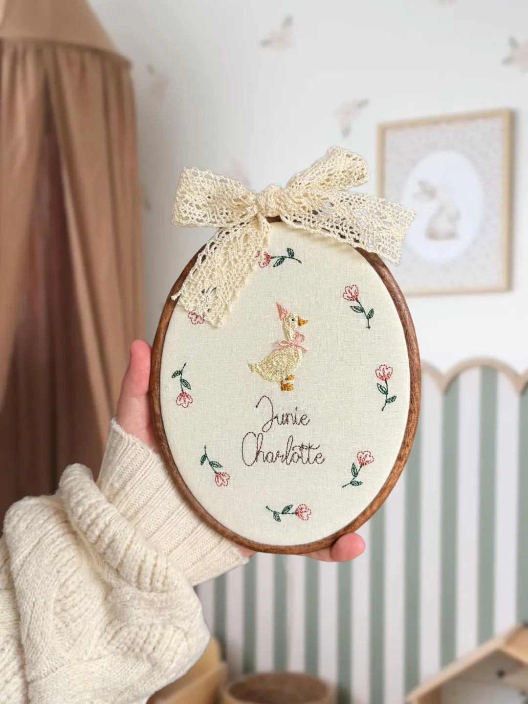 Baby Name Sign Embroidered With Storybook Goose and Florals, Newborn Birth Announcement Plaque, O... | Etsy (US)