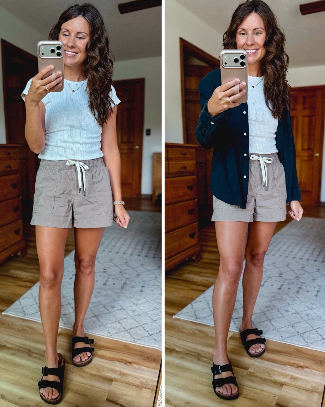 small in my pointelle tee, xs in my gauze cotton button up, xs in my ripstop shorts and 6 in my sandals.
