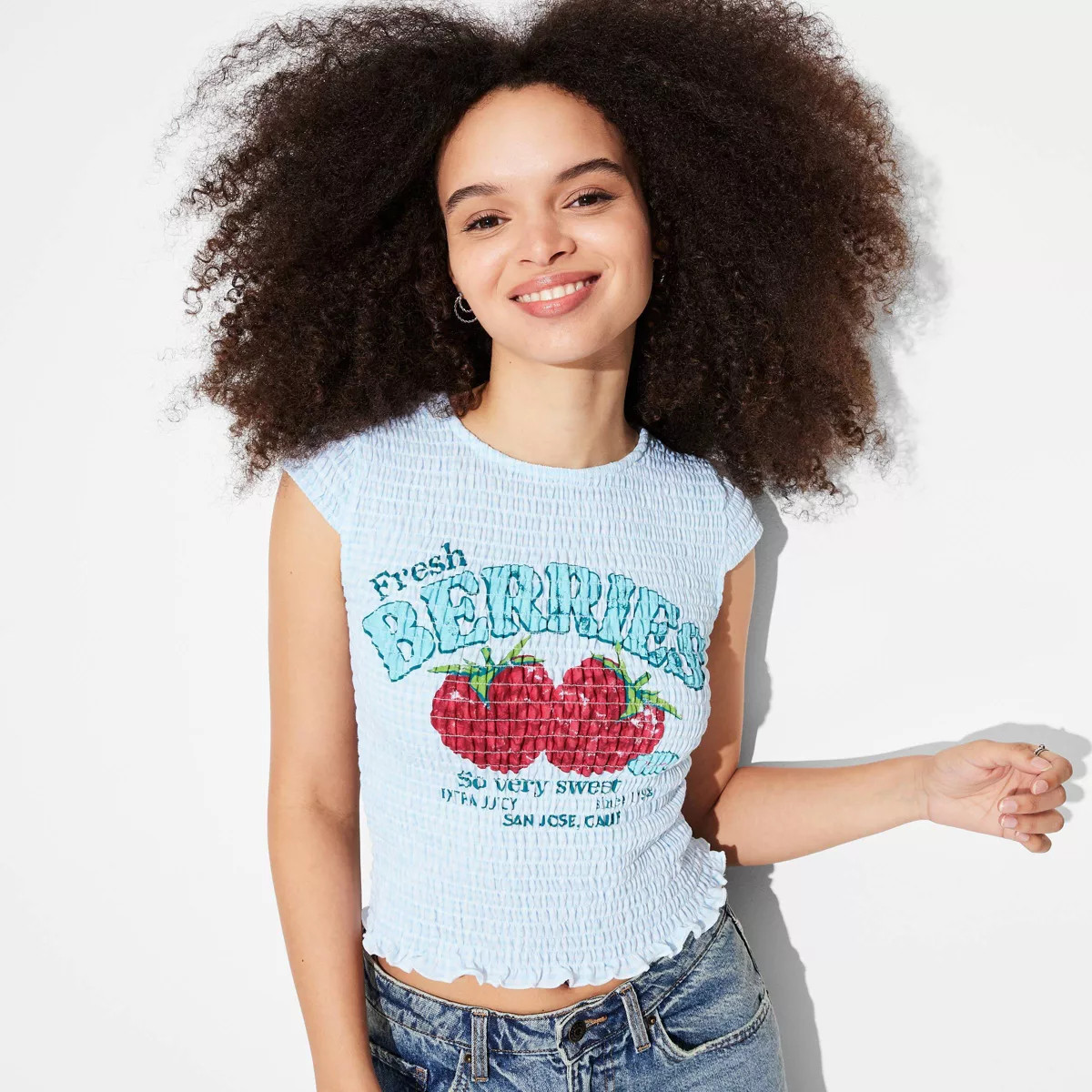 Women's Cap Sleeve High Neck Smocked Graphic T-Shirt - Wild Fable™ | Target