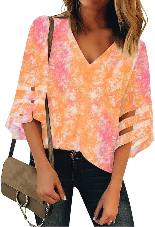 LookbookStore Women's V Neck Mesh Panel Blouse 3/4 Bell Sleeve Loose Top Shirt | Amazon (US)
