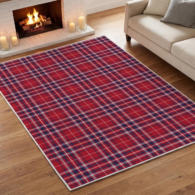 Artoid Mode Red Blue Design Sense Plaid Area Rug, Home Decor Low-Profile Washable Area Rugs for B... | Amazon (US)