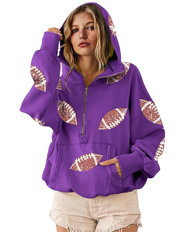SeekMe Womens Game Day Sweatshirts Football Sequin Hoodies Tailgate Outfits Long Sleeve Zipper Sw... | Amazon (US)