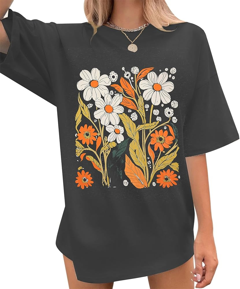 Cute Spring Tshirt Oversized Floral Graphic Tees Vintage Wildflower Shirt Womens Boho Hiking T Sh... | Amazon (US)