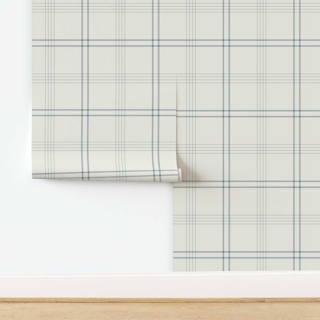 large scale / classic plaid stripe creamy white french grey blue simple Wallpaper | Spoonflower | Spoonflower
