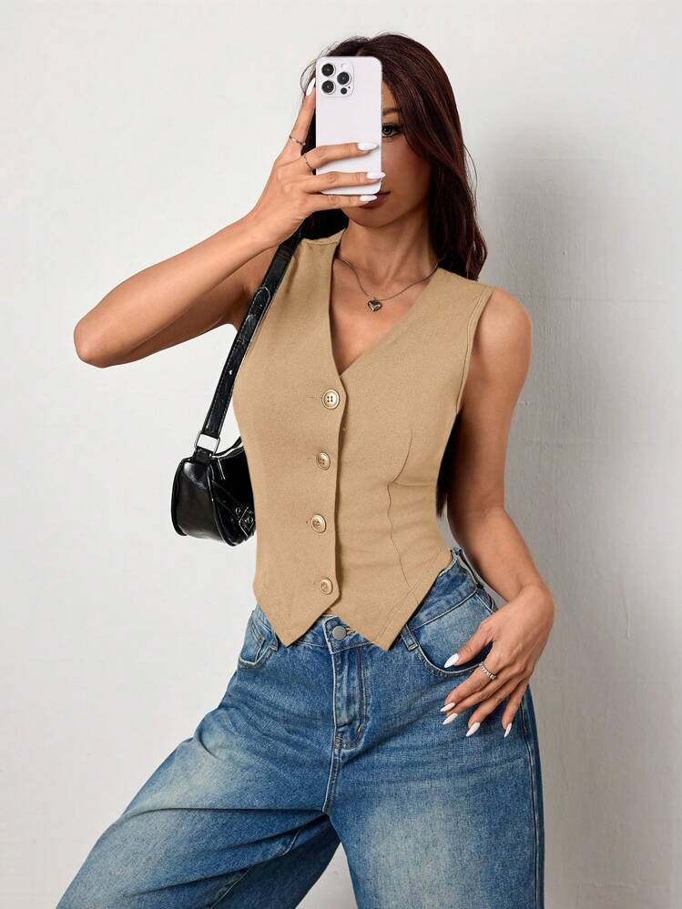 SHEIN Unity Women's Casual Solid Color Knitted V-Neck Sleeveless Fitted Tank Top In Fall/Winter | SHEIN