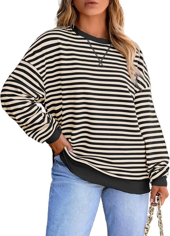 Eytino Women Plus Size Sweatshirt Striped Color Block Crew Neck Pullover Tops Long Sleeve Casual ... | Amazon (US)