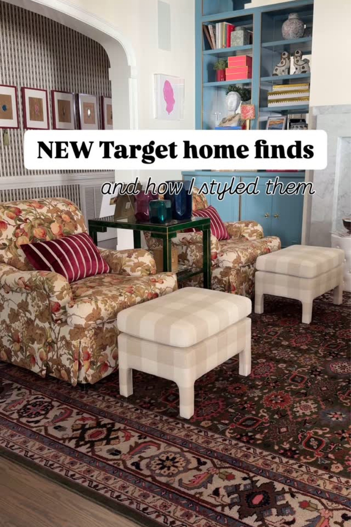 I recently went to Target and was so surprised by the sheer number of items I found that I loved. I often find an item here and there but don’t often bring home multiple items! I couldn’t resist these because they were affordable but also unique looking. I thought it would be fun to show you how I styled them.

1) Cookbook holder as a photo book stand - I usually display our photo book with the cover facing out but this gave me a perfect chance to display some of our beautiful @catwilbornephotography family photos inside the book and the weights keep the pages from closing.

2) Buffalo check ottomans - I slightly shifted furniture placement in our family room and it meant the coffee table was a bit too far feeling from our couch and chairs. When I saw these pattern matched (!!) ottomans, I couldn’t resist. They were the perfect, affordable solution to being able to prop our feet up - regardless of where we are sitting!

3) Rechargeable table lamps - We have enjoyed our rechargeable lamps in our dining room so much that when I saw these GREEN rechargeable lamps I couldn’t resist. They go perfectly with the colors in the room and they add a touch of ambience in our family room when we want a nightlight effect but the look of a lamp.

4) Faux plant that looks real - I have so much trouble keeping houseplants alive, but often it is hard to find affordable and real looking faux plants. When I saw the colors and drape of this one I knew it was worth a try. It comes with a cute ceramic pot but I decided to place it in one of our marble pots. 

Have you checked out Target’s home section lately?! I found a few other things for other rooms as well, so if you enjoyed this let me know!

#housebeautiful #southernliving #myhousebeautiful #traditionalwithatwist #southernhome #traditionalhome #chinoiseriechic  #sodomino #southernhomemag #betterhomesandgardens #dominomag #bhgstylemaker #mytradhome #moderntraditional #southerncharm #southernstyle #interiorstylingideas #classicdecor #hgtvmagazine #hgtvhome #interiordecoratingideas #stylishhomevibes #colorfuldecor #targethome #targethomedecor #targetstylehome #targetstyle #asmrsound