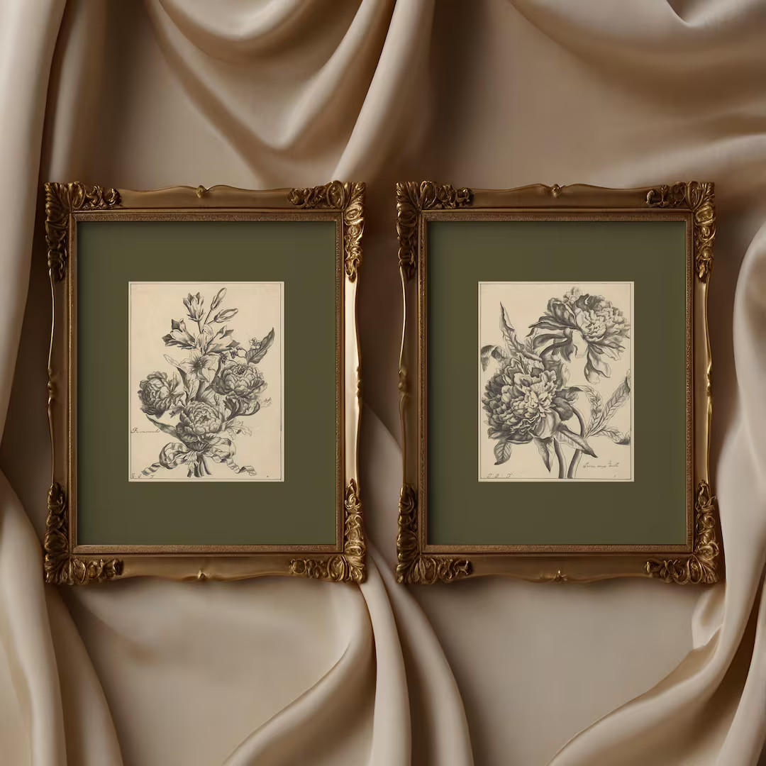 Set of 2 Flower Sketch Prints, Sage Green Wall Art, Vintage Etchings, Dark Green Botanical Prints... | Etsy (US)