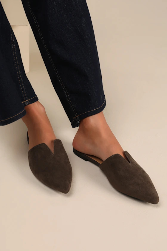 Jaelyn Dark Grey Suede Pointed-Toe Slides | Lulus