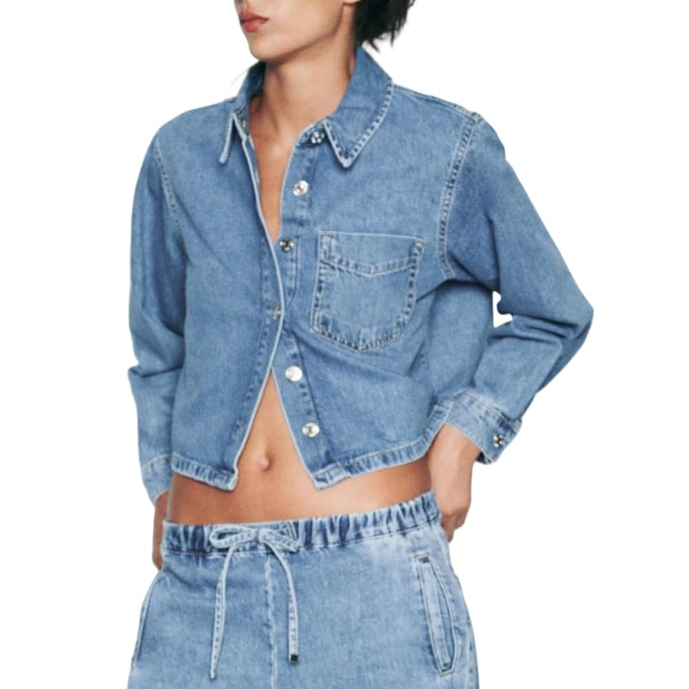 Women Crop Denim Jacket Shacket Long Sleeve Jean Shirt Lapel Collar Denim Shirt Blouse | Amazon (US)