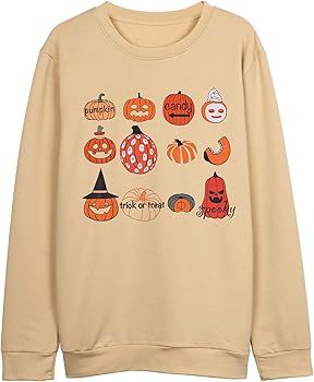 Amazon.com: VILOVE Womens Halloween Pumpkin Sweatshirts Casual Loose Holiday Pullover Tops Khaki... | Amazon (US)