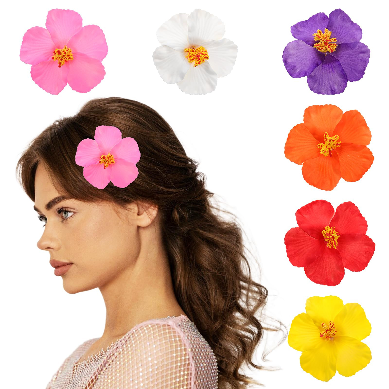 6 Pcs Hawaiian Hibiscus Flower Hair Clips, 3.9 Inch Artificial Hibiscus Hair Clip Summer Plumeria... | Amazon (US)