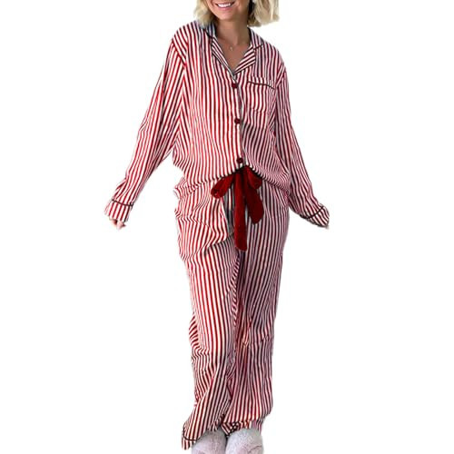 lisenraIn Christmas Pajamas for Women Striped Bow Tie Waist Pants and Button Down Shirt Pjs Set Satin Holiday Pajama Set (Red Striped, M) | Amazon (US)