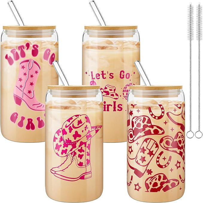 Maxcheck 4 Pcs Western Cowgirl Beer Glass 16 oz Hat Drinking Beer Can Iced Coffee Cup with Bamboo... | Amazon (US)