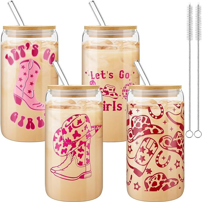 4 Pcs Western Cowgirl Beer Glass 16 oz Cowgirl Hat Drinking Beer Can Iced Coffee Cup with Bamboo ... | Amazon (US)