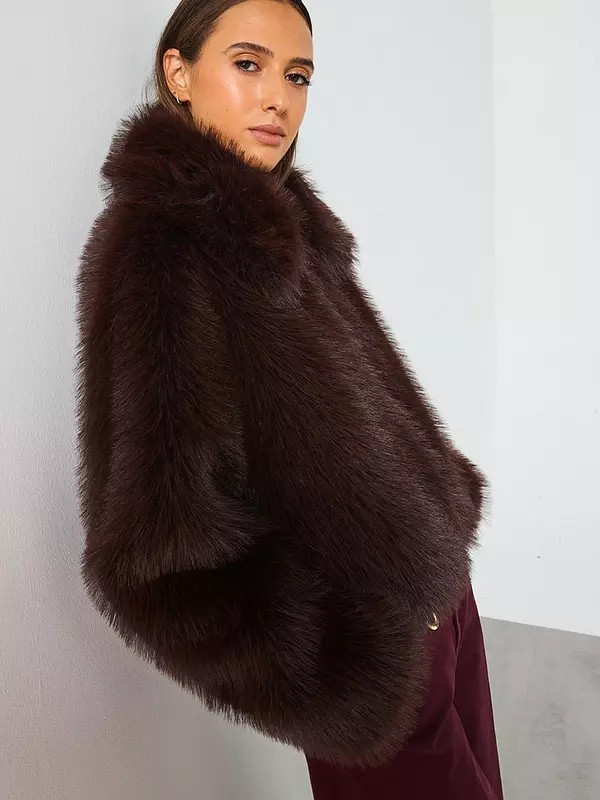 Mango Faux Fur Jacket With Lapels - Brown | Very (UK)