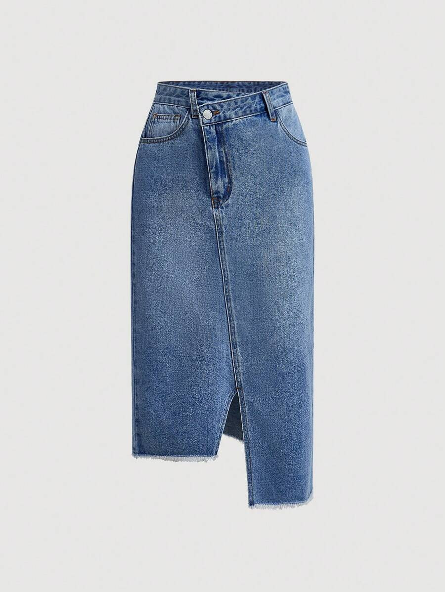 SHEIN EZwear Women's Denim Casual Sexy High Slit Front Asymmetrical Hem Skirt | SHEIN