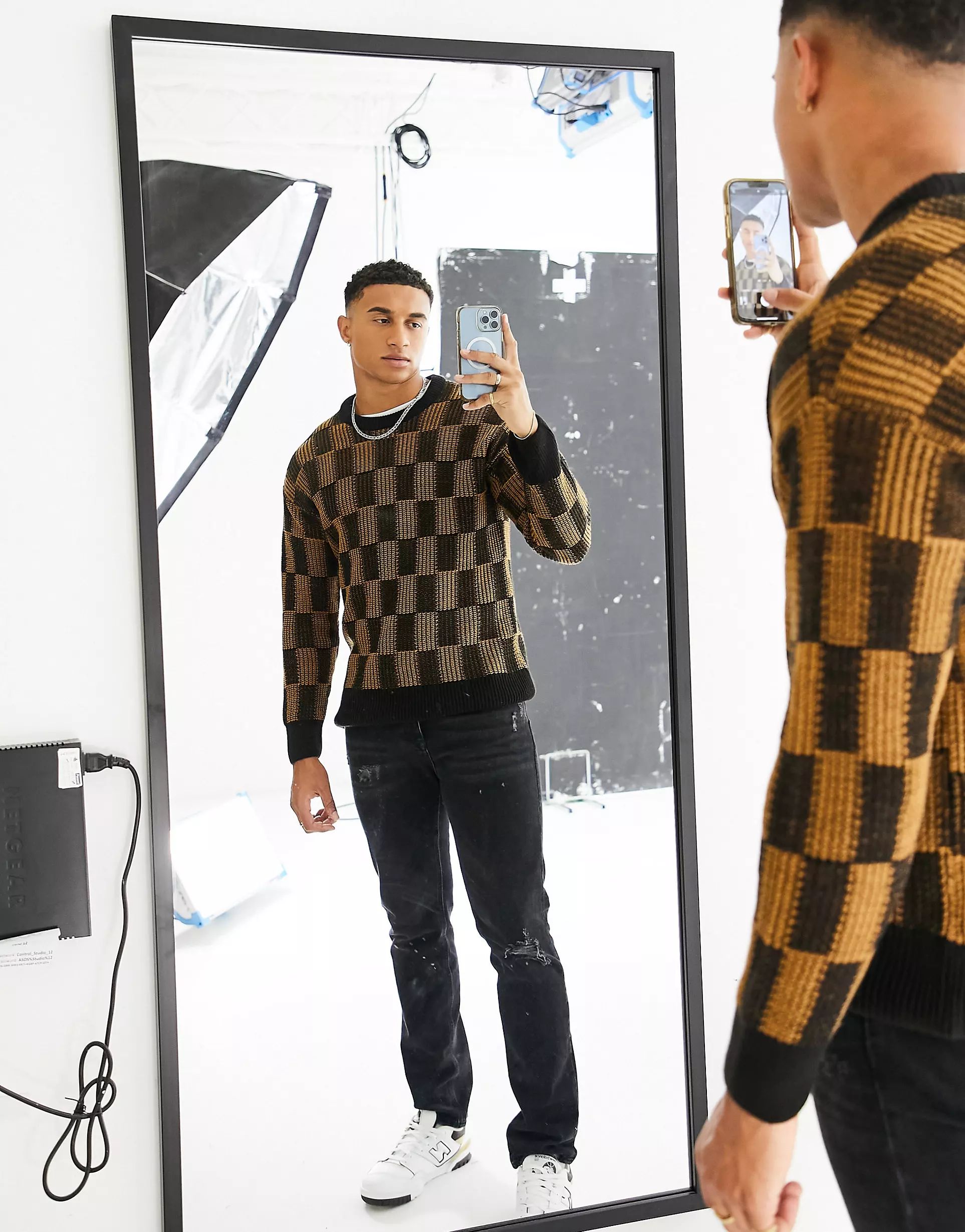 New Look relaxed fit checkerboard sweater in brown | ASOS (Global)