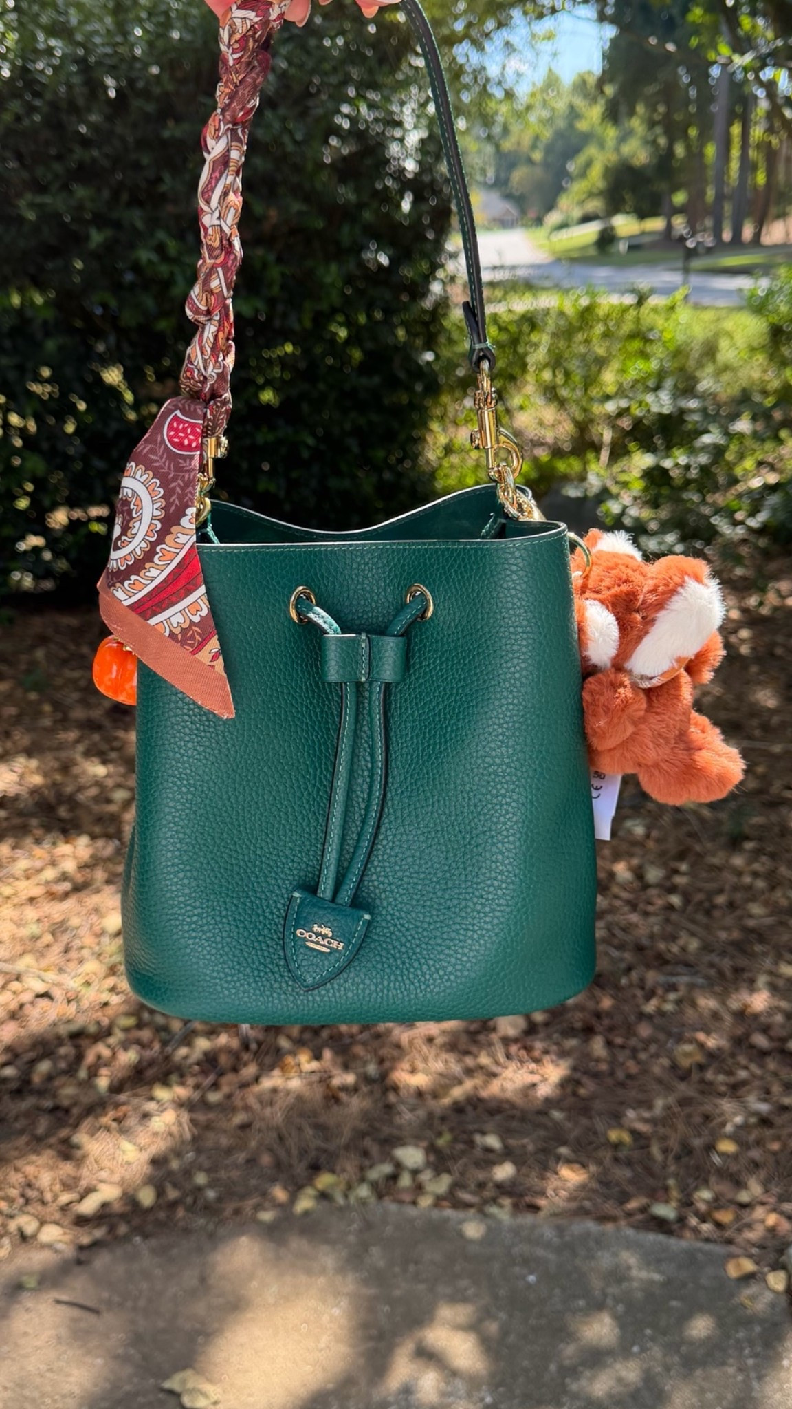 Bag of the day 
Coach outlet emerald Rowan
American Rachel plush fox bag charm 
Scarf from Amazon
Pumpkin charm
