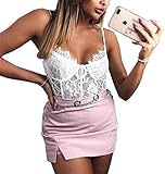 GEMBERA Women Sexy Lace Bodysuit Lingerie One Piece Sheer Bodysuit Thong Clubwear(L 004White) | Amazon (US)