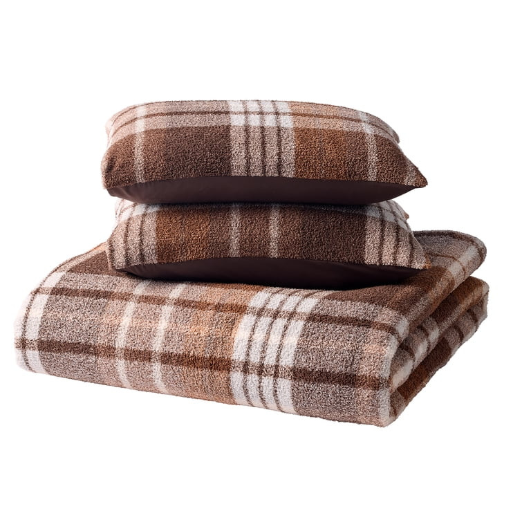 Better Homes & Gardens 3-Piece Brown Plaid Cozy Knit Comforter Set, Full/Queen | Walmart (US)