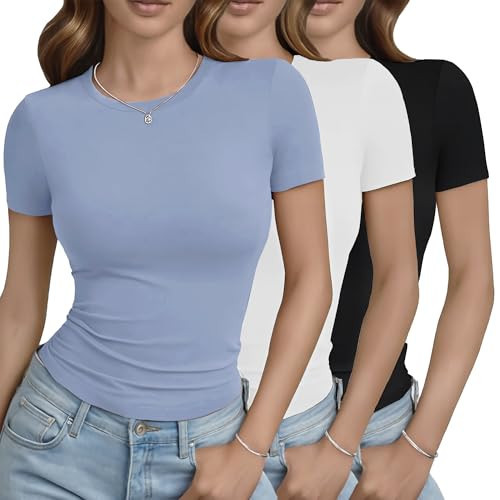 GAYHAY 3 Pack Basic Tees for Women - Crew Neck Slim Fit Tight T Shirts Cute Y2K Trendy Crop Tops Clothes for Casual Summer 2025 Black White Haze Blue | Amazon (US)