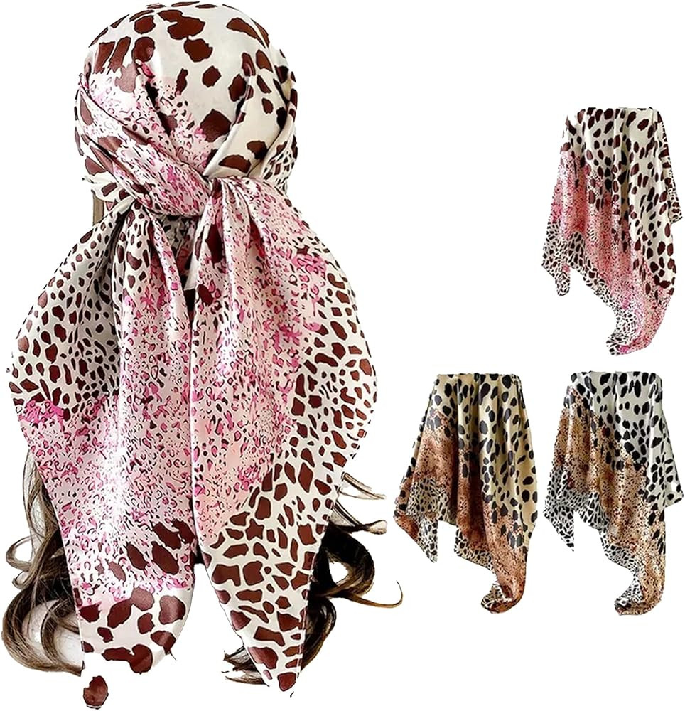 35 Inch Large Square Satin Head Scarf, 3 Pack Silk Feeling Bandana Headscarf for Women, Leopard P... | Amazon (US)