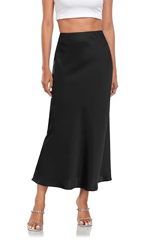 SITELUOYG Women's Silk Satin Maxi Skirts Stretchy High Waist Casual A-Line Fishtail Long Skirt Black | Amazon (US)