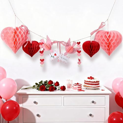 Harloon Valentine's Day Lovebird Garland with 3D Heart Honeycomb and Red Check Bow Romantic Hangi... | Amazon (US)