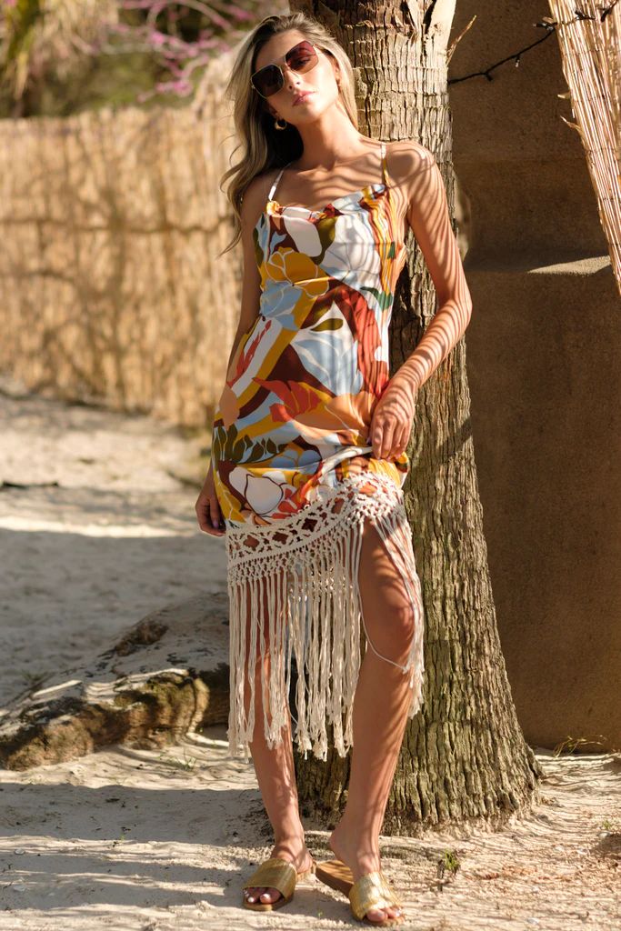 Sun Kissed Orangeade Tropical Print Fringe Mini Dress | Red Dress