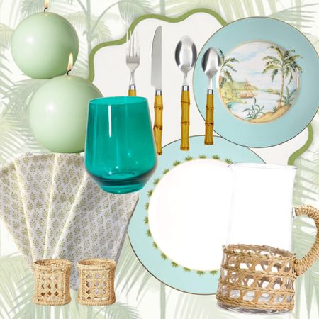 Tablescape ideas; napkin rings; scalloped placemats; rattan pitcher; dinnerware; stemless wine glass; bamboo flatware; block print napkins; dinner party; hostess gifts; tabletop decor; candles

#LTKGiftGuide #LTKhome #LTKFind
