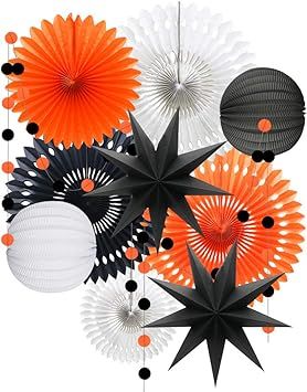 ADLKGG Orange White Black Halloween Decorations, Hanging Tissue Paper Fans Circle Garland Paper L... | Amazon (US)