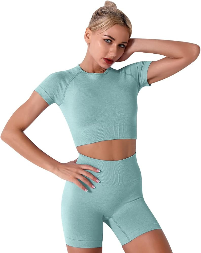 IMEKIS Women's Yoga Outfit Seamless Workout Set High Waist Exercise Shorts Pants with Sport Crop ... | Amazon (US)