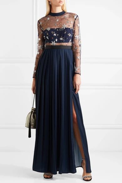 Embellished tulle and pleated crepe de chine maxi dress | NET-A-PORTER (UK & EU)