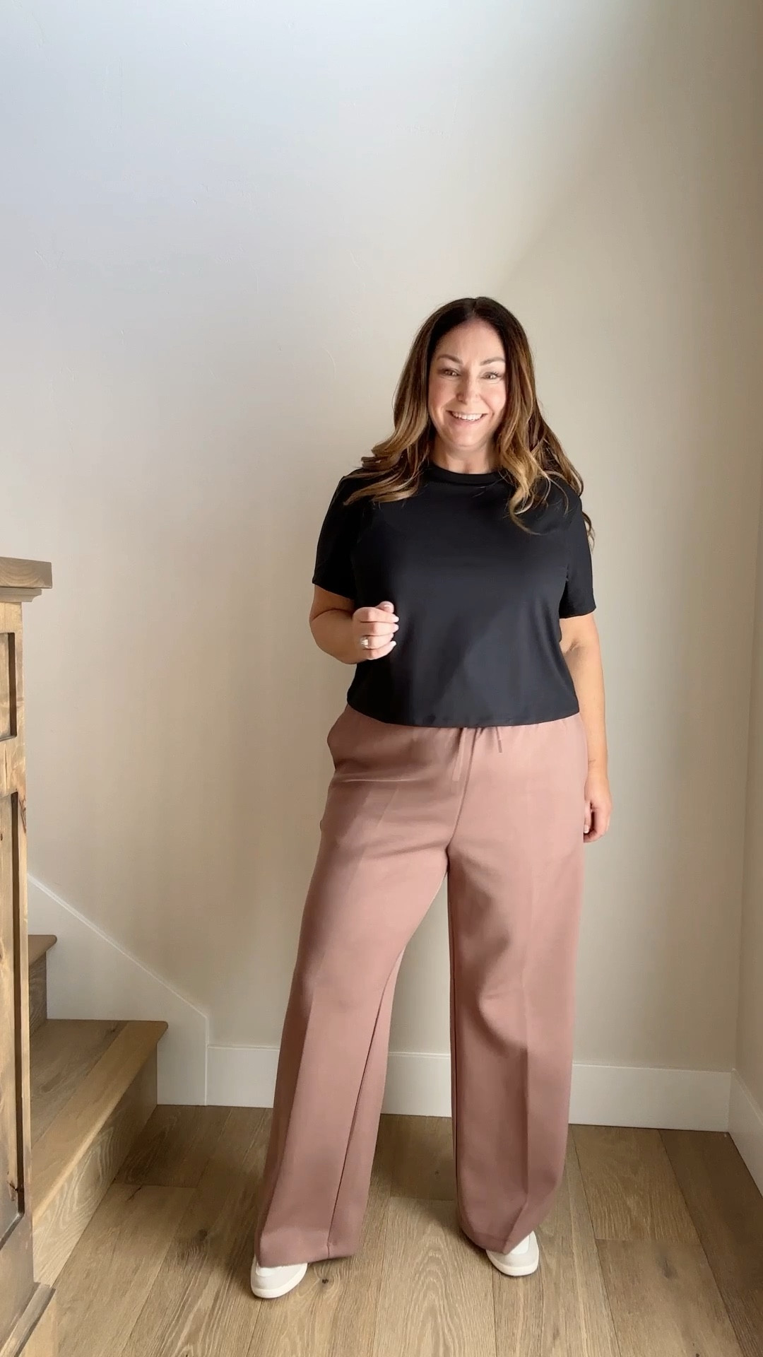 Fall casual weekend outfits with airy wide leg pants from Target and super soft crewneck pull over wearing large in all 

all athleisure, athletic outfit, fall casual outfit, everyday look, wide leg casual pants