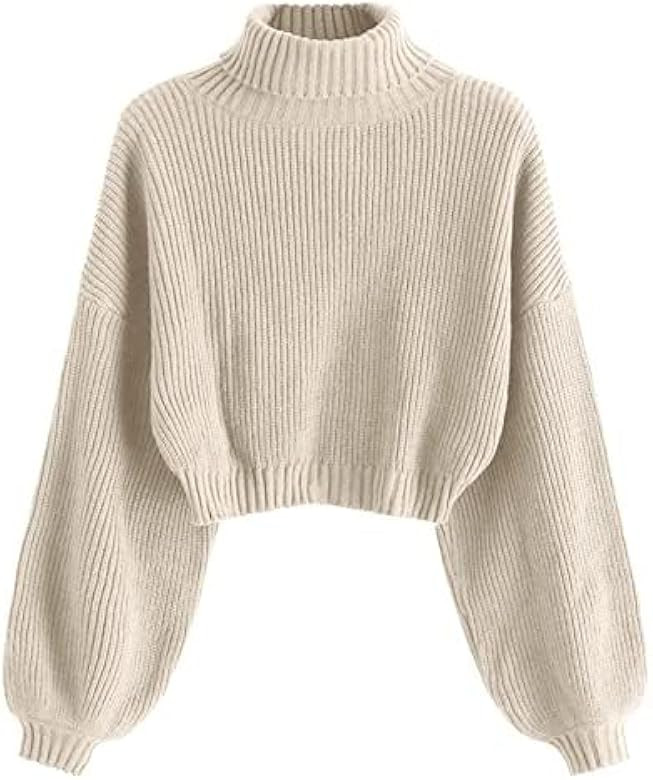ZAFUL Women's Crew Neck Long Sleeve Pullover Crop Sweater Mock Neck Lantern Sleeve Ribbed Knit Cr... | Amazon (US)