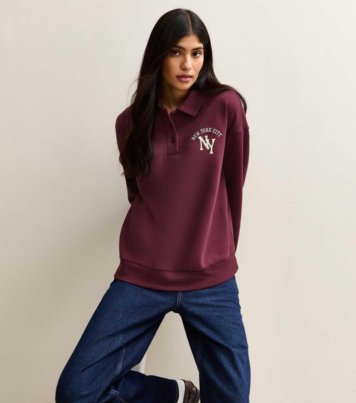 Dark Burgundy Embroidered New York Polo Sweatshirt | New Look | New Look (UK)