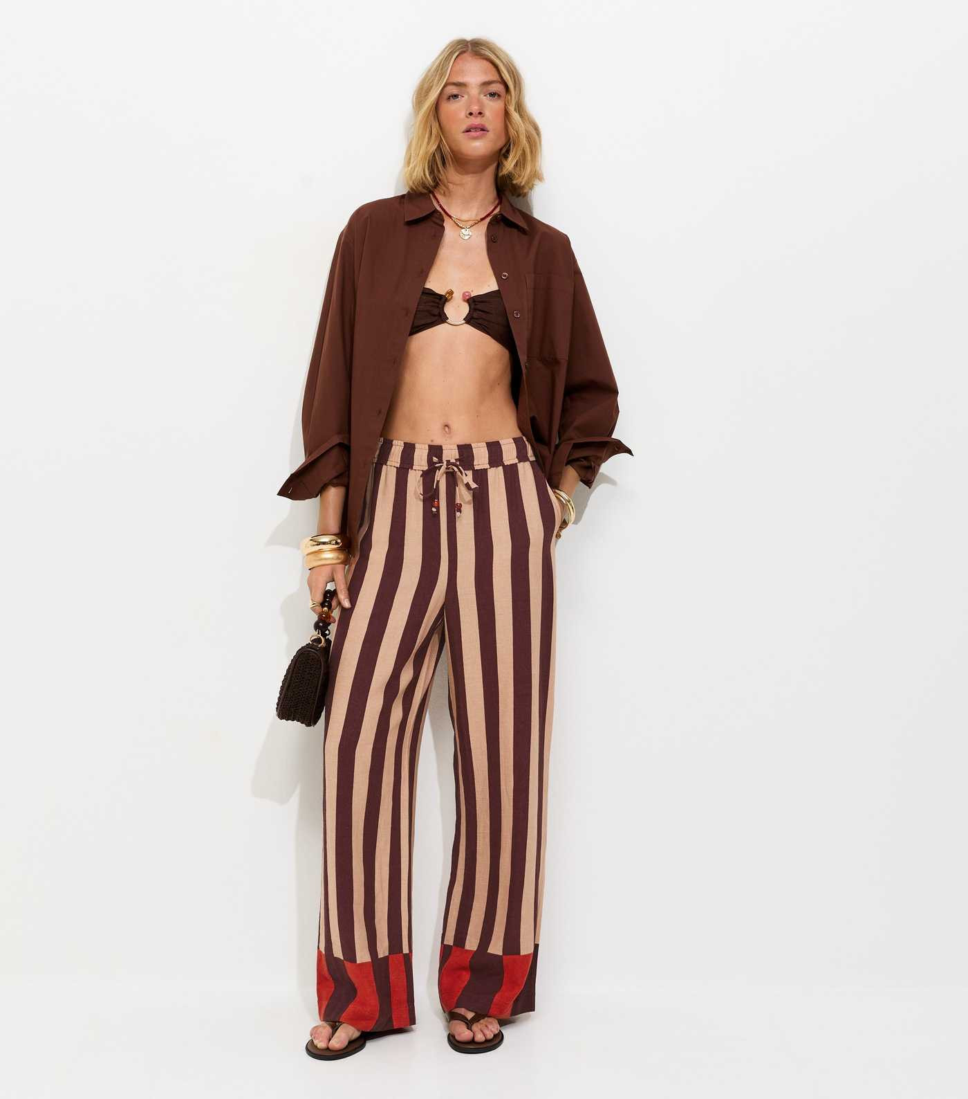 Brown Striped With Linen Wide Leg Trousers | New Look | New Look (UK)