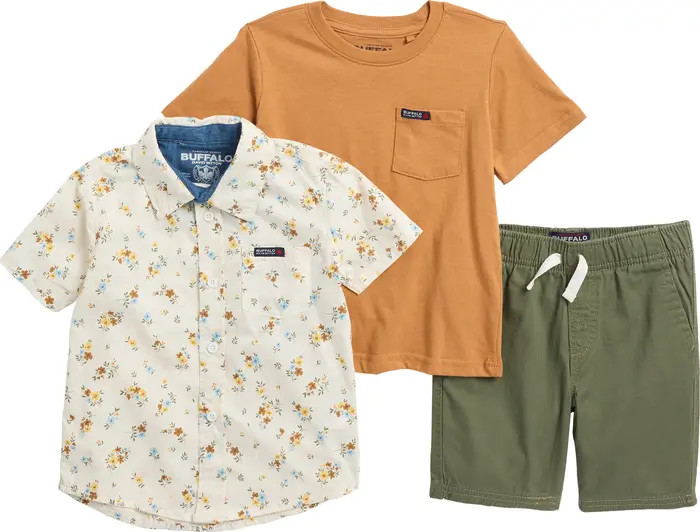 Kids' Pocket T-Shirt, Short Sleeve Woven Button-Up Shirt & Drawstring Shorts Set | Nordstrom Rack