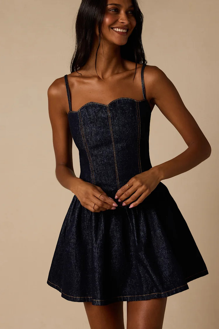 Phoenix Dark Wash Basque Waist Mini Dress | Lulus