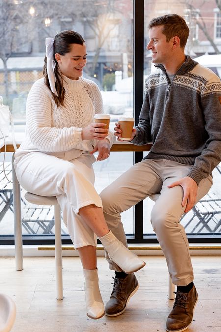NYC engagement shoot outfit idea - wear a cozy cream sweater and jeans and shoot in a cafe! These cozy coffee shop vibes are perfect for a fall/winter wedding 

#LTKunder100 #LTKwedding