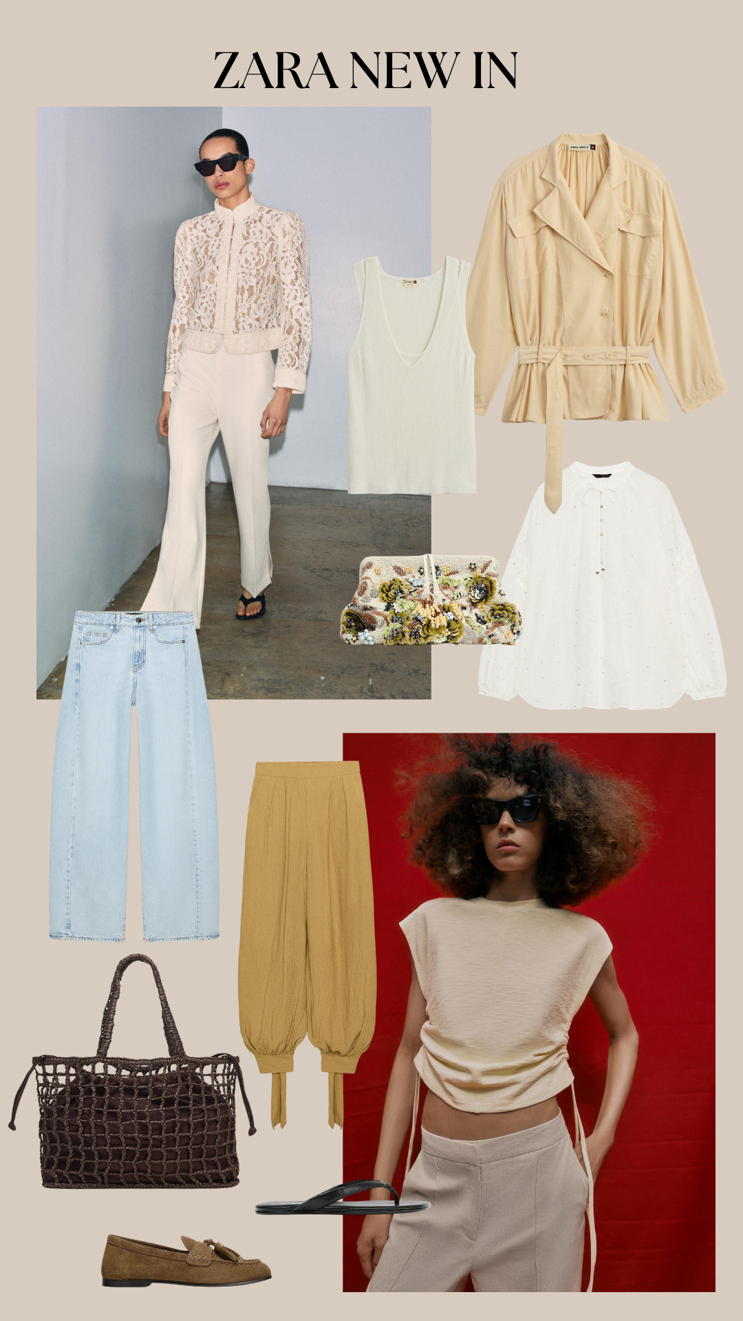 Zara New In Edit
Lace Top, Trench Coat, embroidered bag, balloon pants, denim jeans, white shirt, white vest, suede loafers, flip flops 

 #LTKspring #LTKsummer #LTKeurope