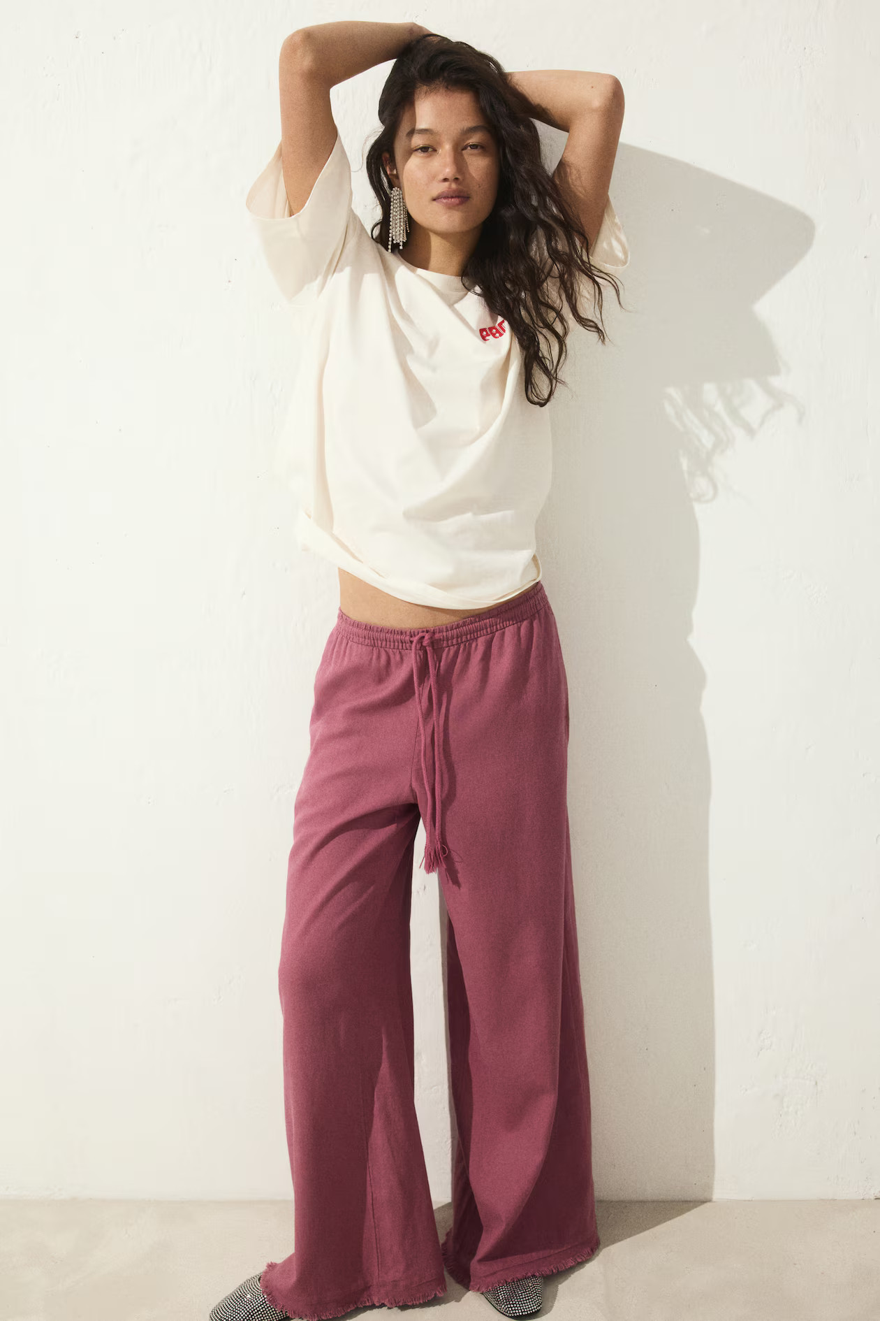 Linen-blend drawstring trousers - Dark pink - Ladies | H&M GB | H&M (UK, MY, IN, SG, PH, TW, HK)
