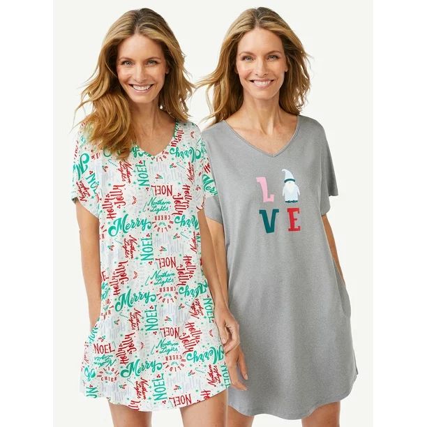 Joyspun Women's Short Sleeve Sleep Shirts, 2-Pack, Sizes up to 3X - Walmart.com | Walmart (US)