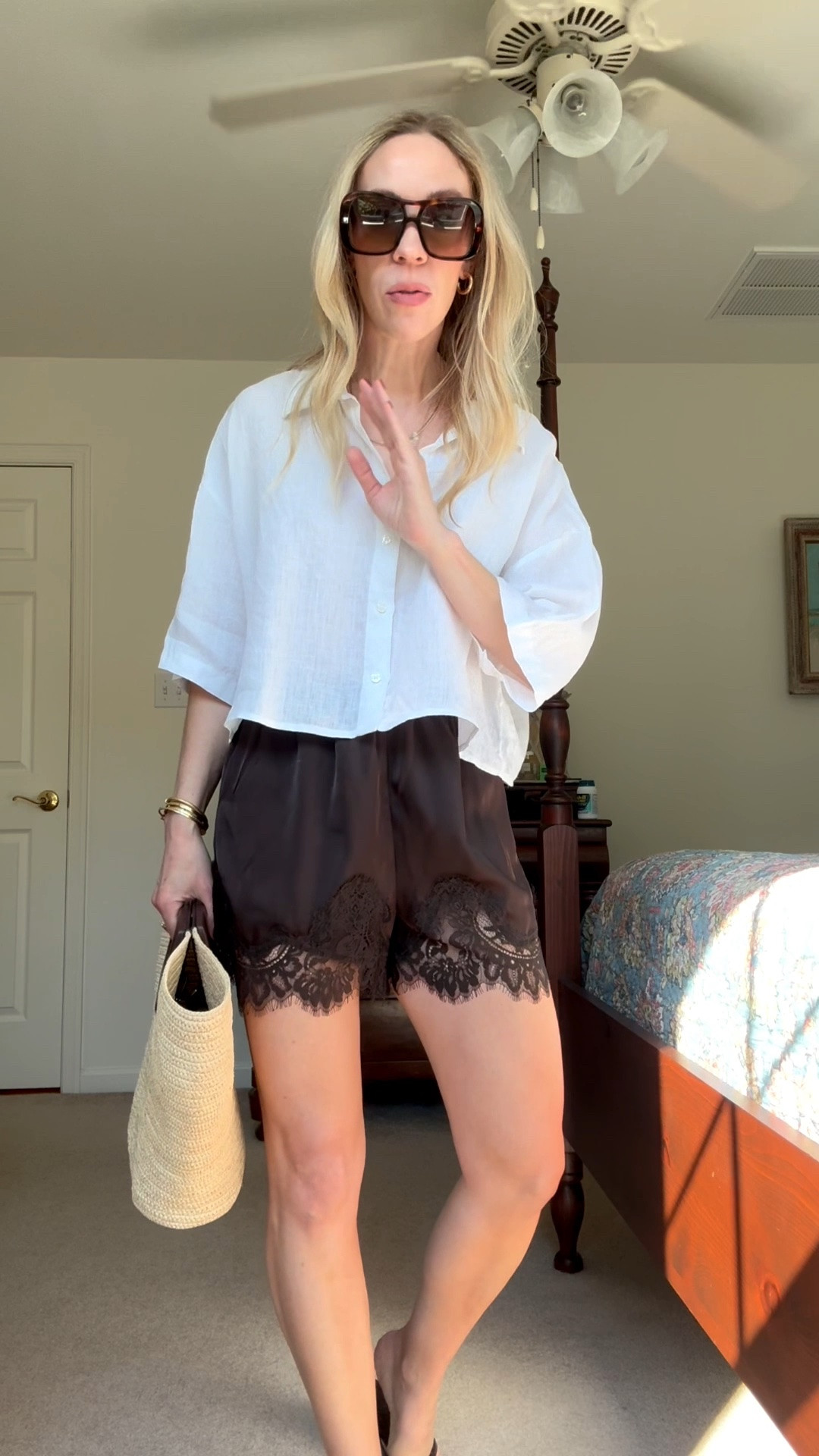 Summer outfits over 40, oversized linen shirt, lace shorts, kitten heel sandals, Le Tanneur straw tote

#LTKootd #LTKgrwm #LTKOver40