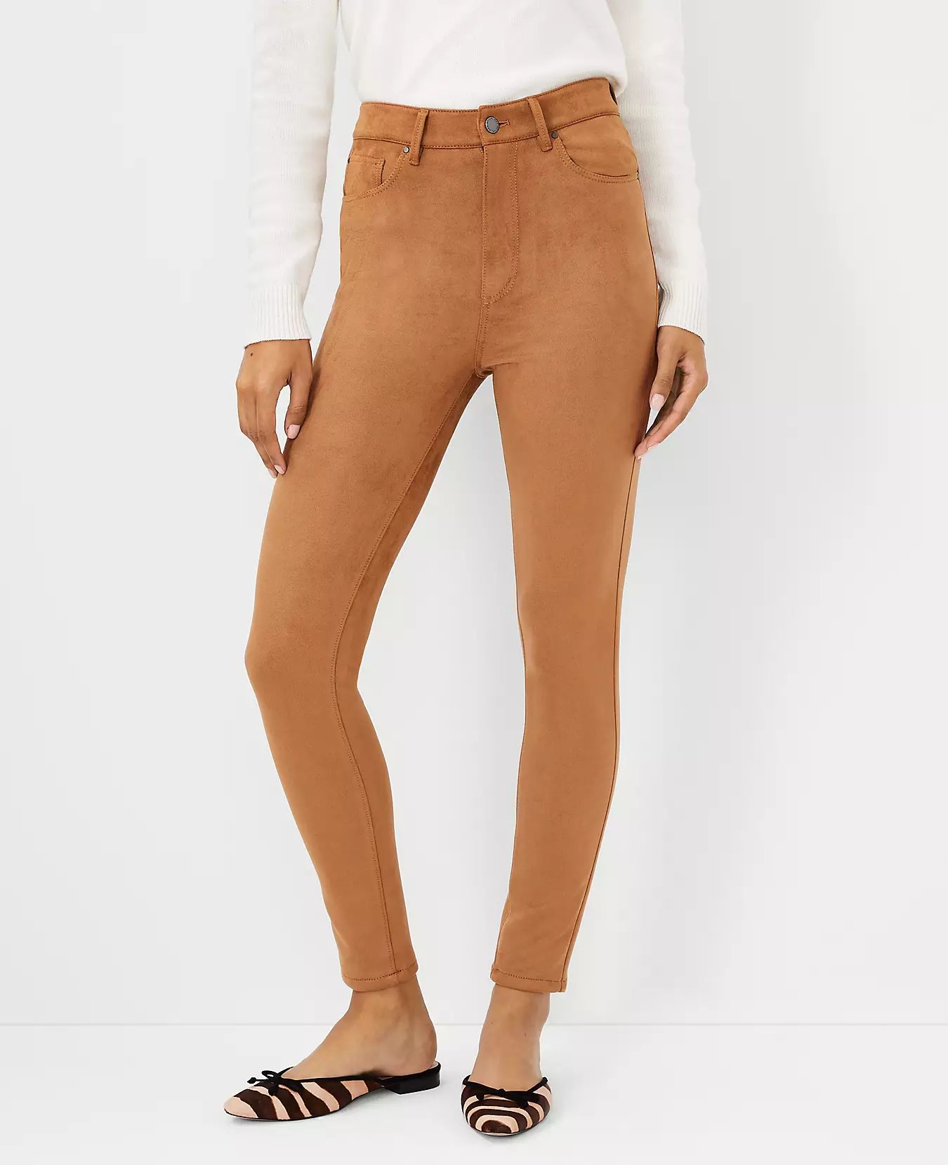 Sculpting Pocket Faux Suede High Rise Skinny Jeans in Toasted Coconut | Ann Taylor (US)