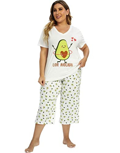 Vozanet Women's V Neck Sexy Pajama Sets Capri Sleepwear Cute Avocado Elegant Funny Nighty 2PCS Plus Size S-3XL, Avocado, Medium | Amazon (US)